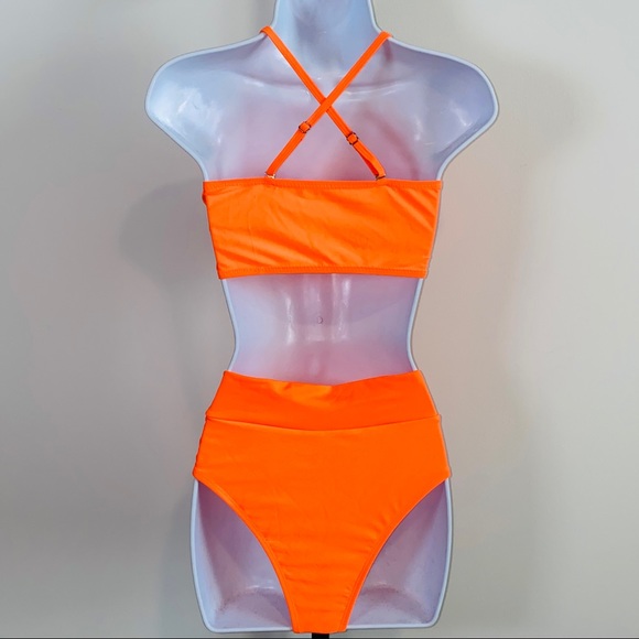 Neon Orange 2 Pc Bathing Suit Bikini High Waisted Padded  Size S   NWOT - Picture 3 of 12